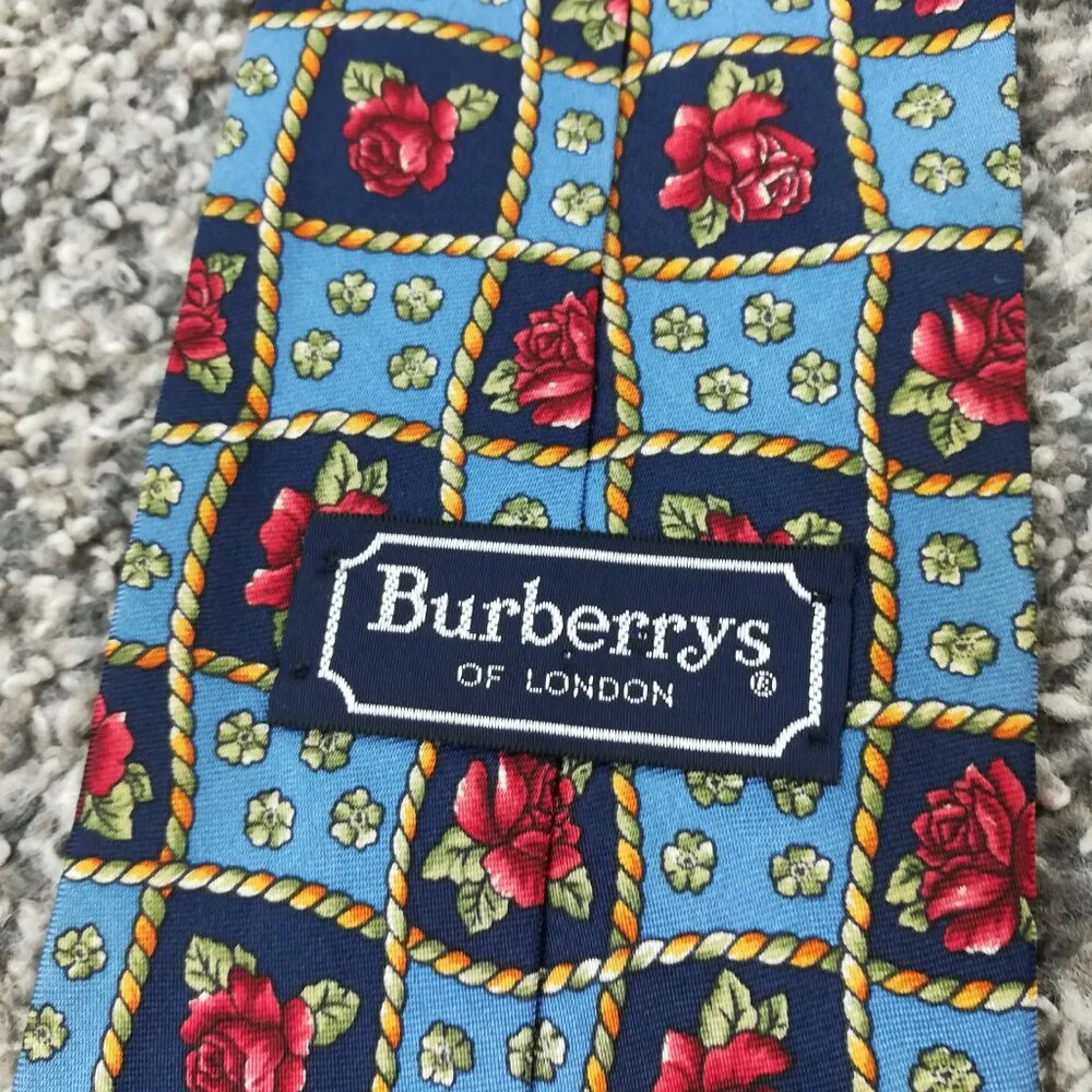 Vintage Burberry Neck Tie Silk Floral Blue Red USA Made 56L 3.75W